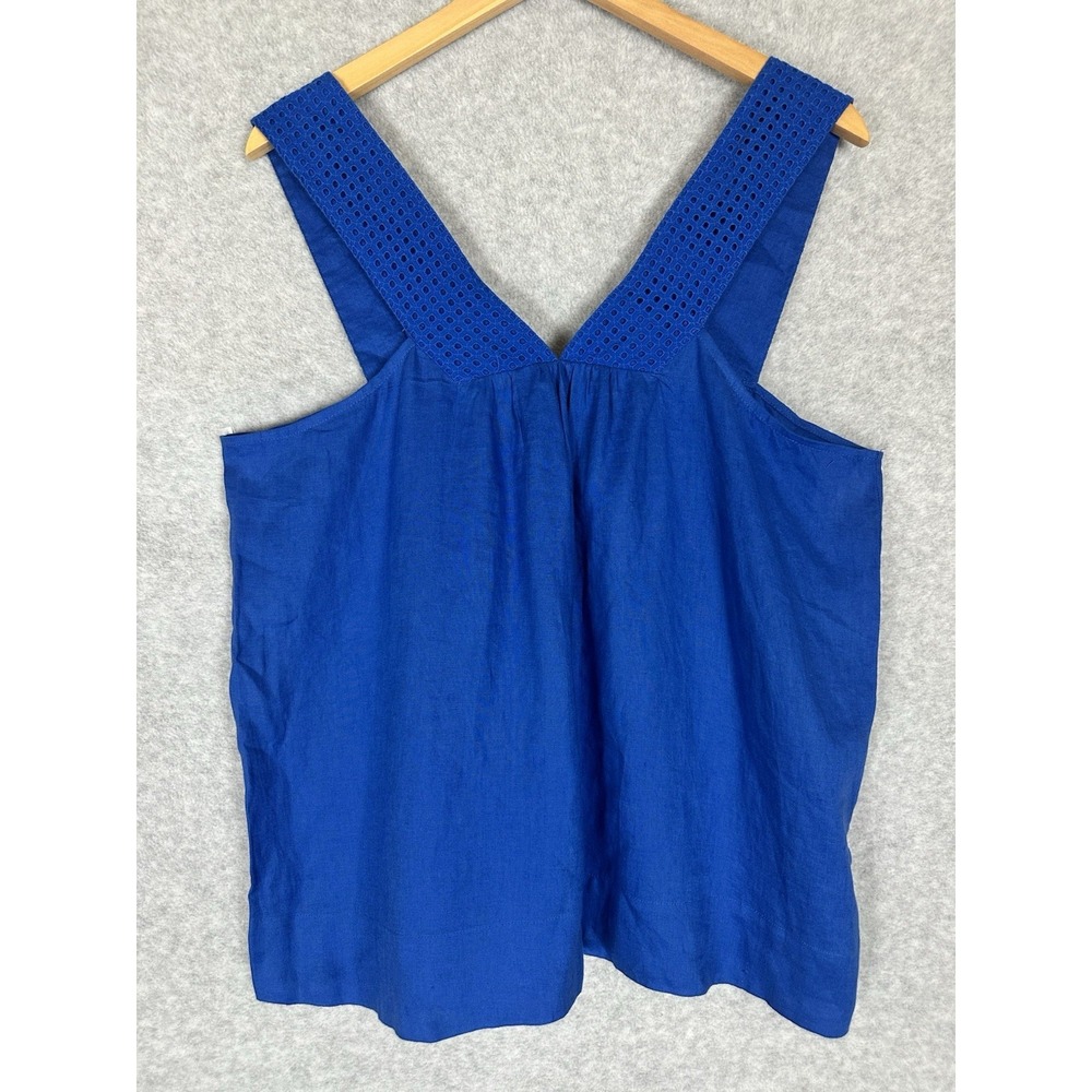 J Crew Linen Eyelet Strap Sleeveless Tank Blouse V-Neck Womens 14 Blue Festival